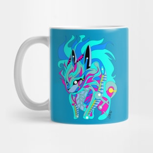 light blue rabbit kaiju in rainbow electric colors in mexican patterns Mug